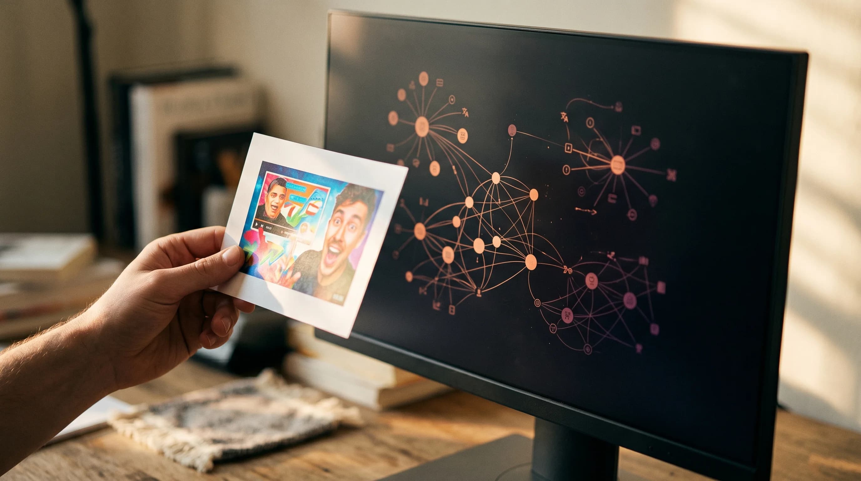 A conceptual illustration showing a conversational search interface alongside YouTube video thumbnails being reorganized by AI