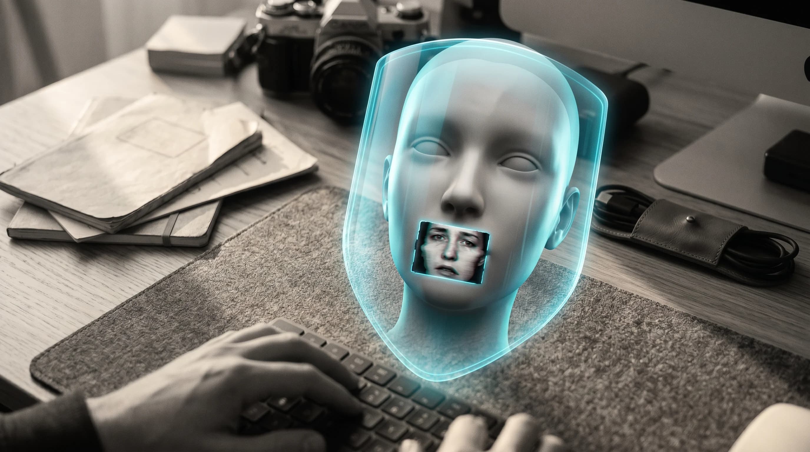 A creator's real face on a video frame next to a cloned, AI-faked version stamped onto a scam thumbnail, with a detection scanner passing over the video but skipping the thumbnail