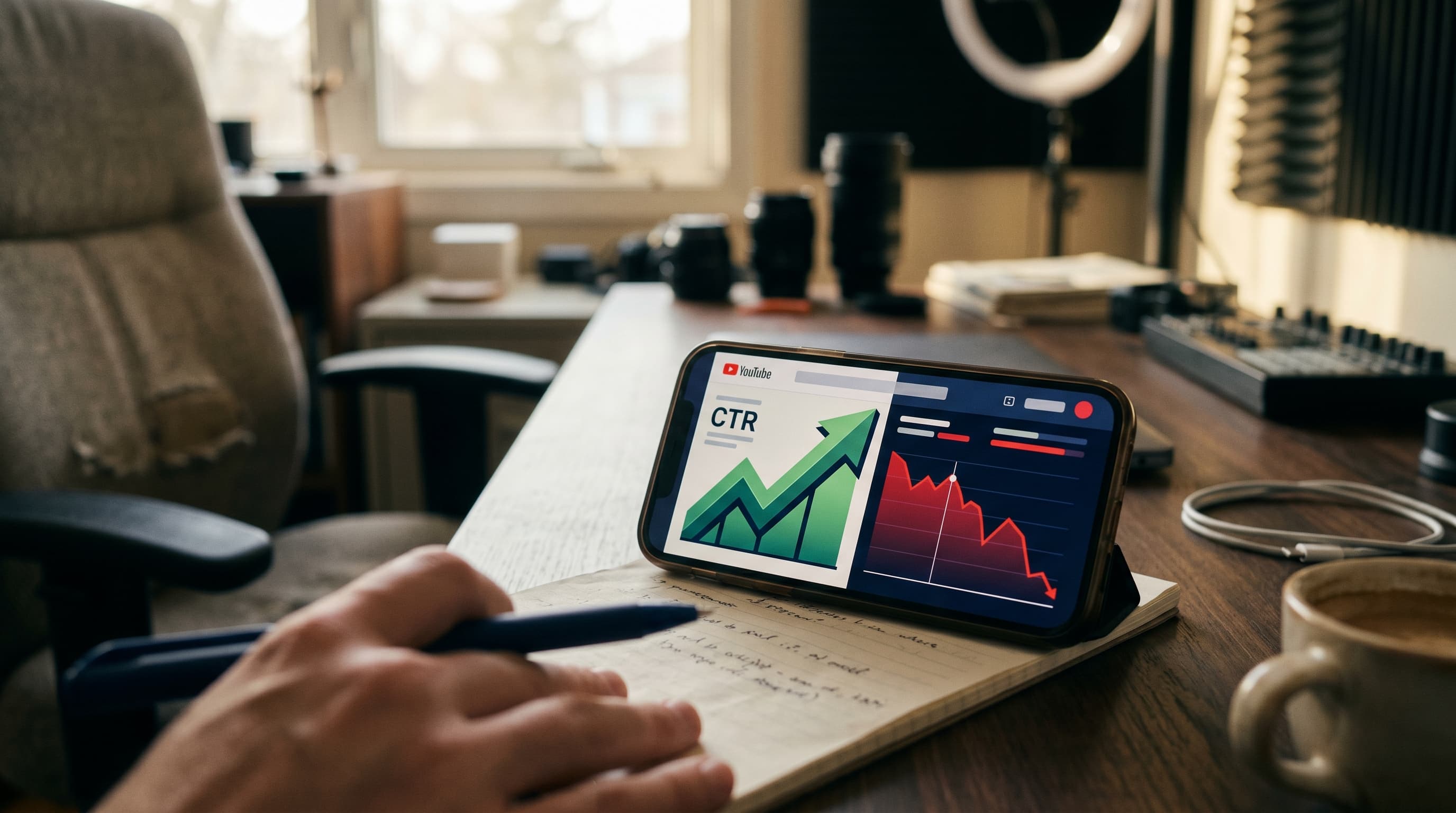 Split dashboard showing a high CTR metric alongside a crashing retention graph, illustrating the YouTube Quality CTR trap