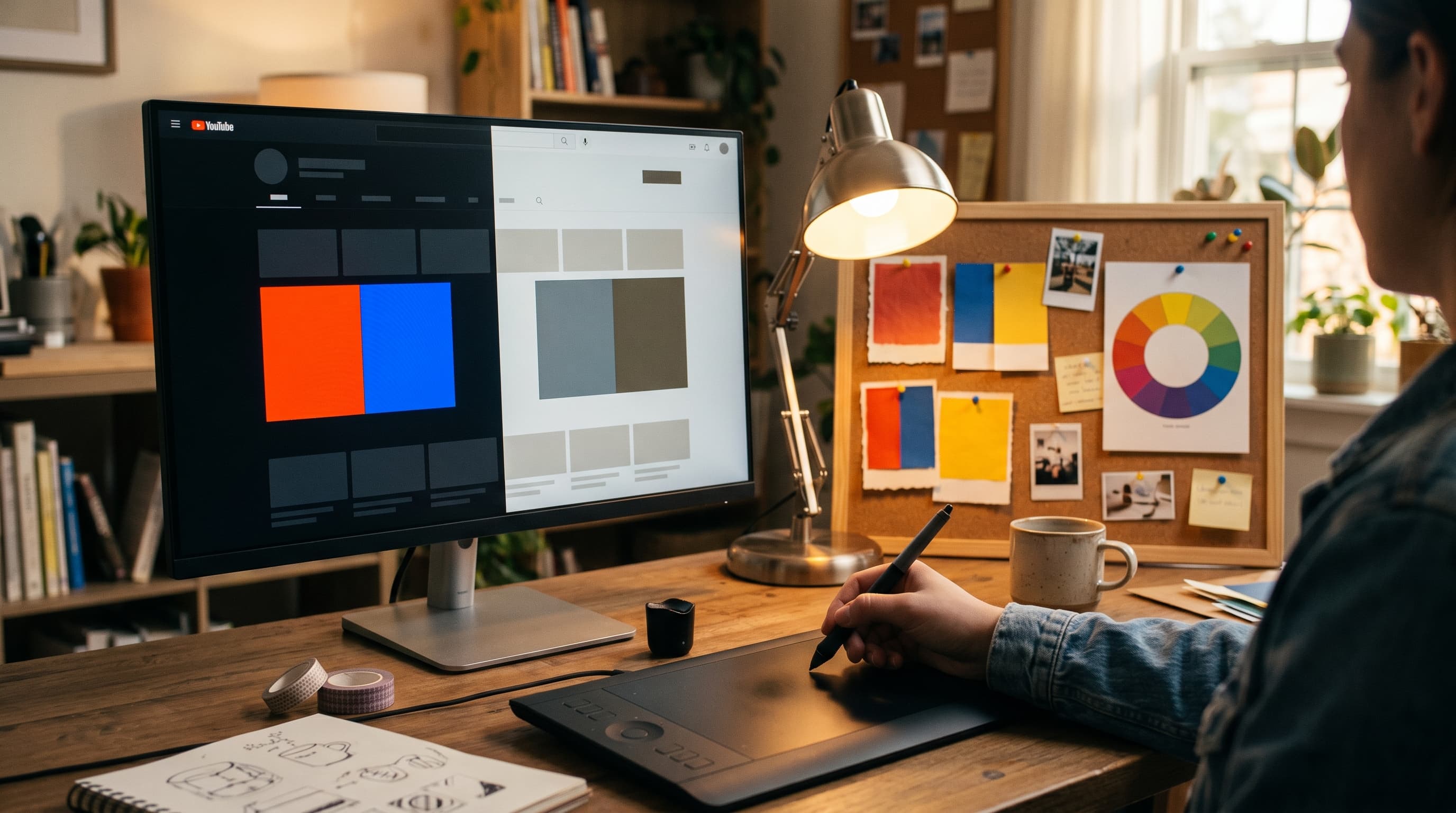 High-contrast YouTube thumbnail color palette examples showing red, yellow, and blue combinations that boost CTR