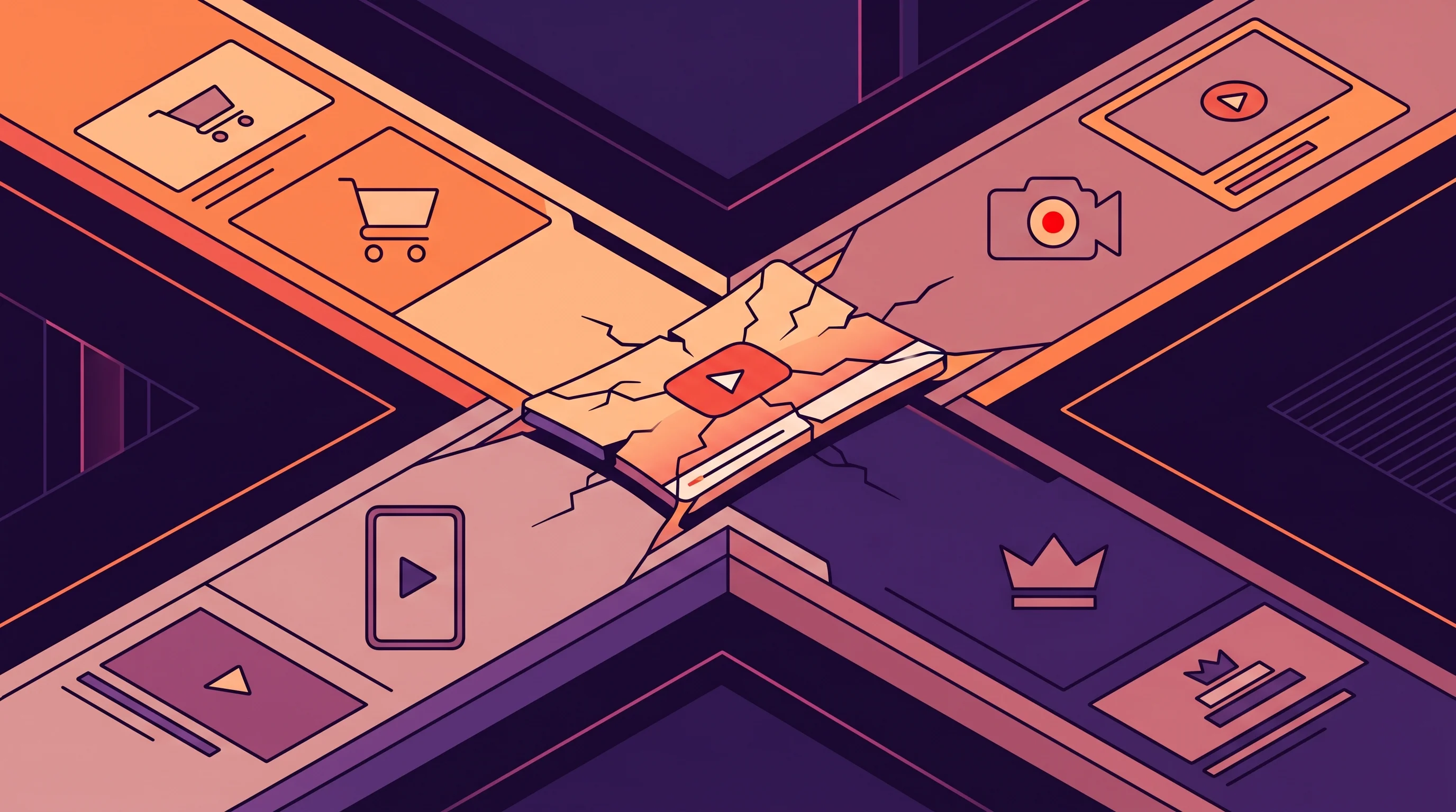 YouTube creator managing multiple revenue streams with different thumbnail designs for shopping, live, and long-form content