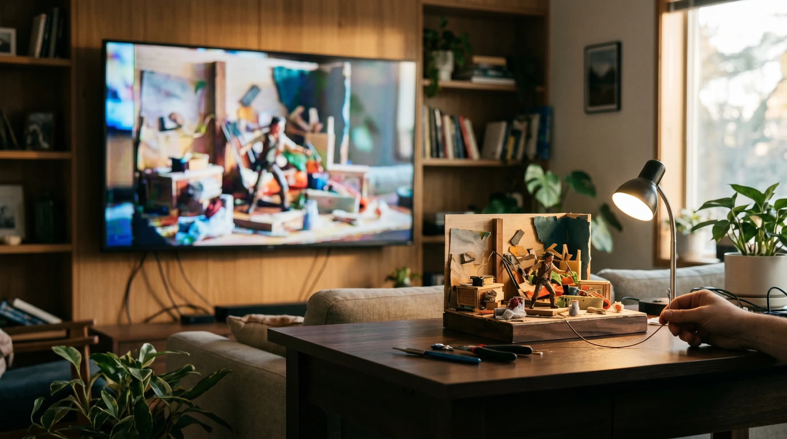 A YouTube thumbnail displayed on a large living room TV screen with a remote control in the foreground