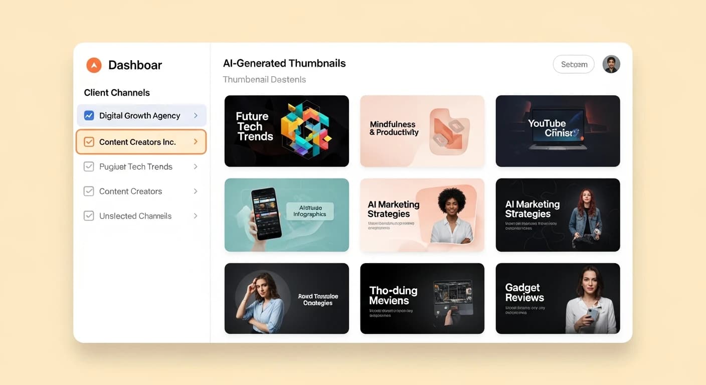 Hooksnap agency dashboard with AI-generated thumbnails across multiple client channels