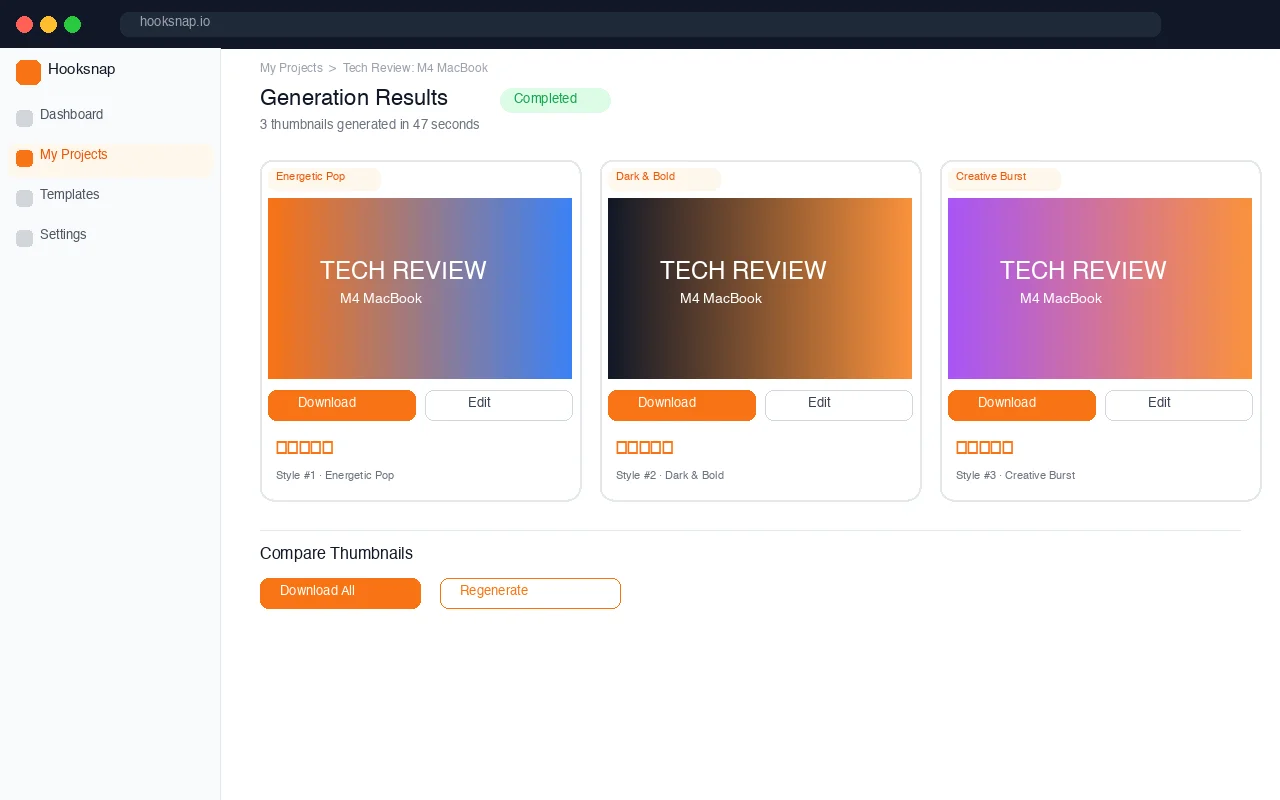 Hooksnap AI thumbnail generation results showing multiple thumbnail variants