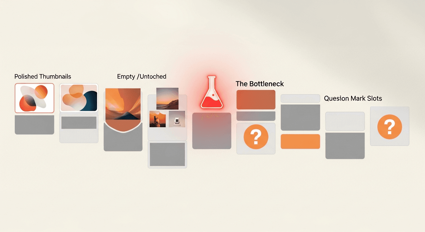 Content calendar gaps showing thumbnail production bottleneck